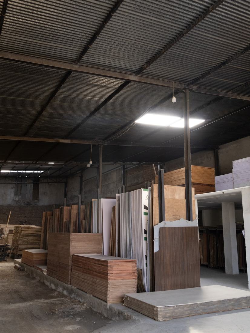 Flush doors and boards stacked in the warehouse
